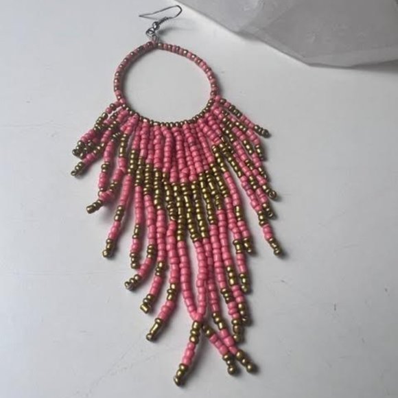 Boho Chic Pink and Gold Beaded Earrings - Picture 3 of 4